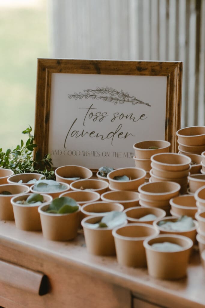Cups of lavender prepared for a lavender toss wedding exit. 
